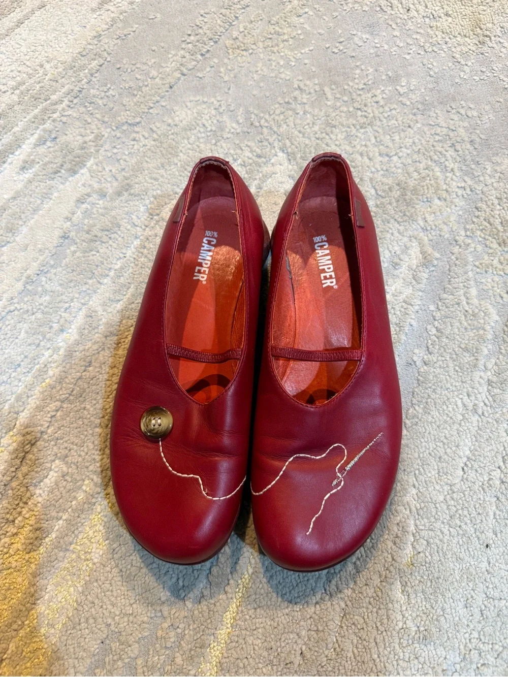 Camper Red Leather Ballet Flats needle and thread Stitch Accent Button 38 / 7.5